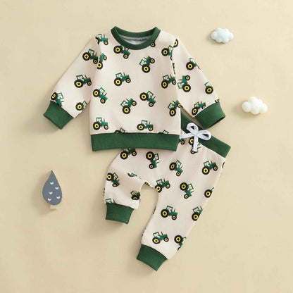 Xeadoffubio Baby Boys' Spring Outfit, Tractor/Car Print Tracksuits, Long Sleeve Car Print Sweatshirts + Elastic Drawstring Trousers, 2-Piece Sports Clothing Set, Soft Tractor Outfits