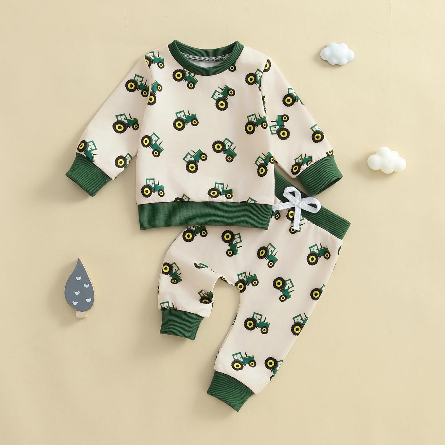 Baby-Frühlings-Outfit für Jungen, Trainingsanzüge mit Traktor-/Auto-Print, Sweatshirts mit langen Ärmeln mit Autodruck + elastische Kordelzughose, 2-teiliges Sportbekleidungsset, weiche Traktor-Outfits