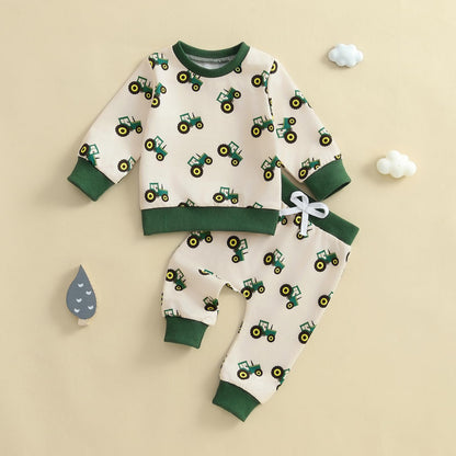 Baby-Frühlings-Outfit für Jungen, Trainingsanzüge mit Traktor-/Auto-Print, Sweatshirts mit langen Ärmeln mit Autodruck + elastische Kordelzughose, 2-teiliges Sportbekleidungsset, weiche Traktor-Outfits