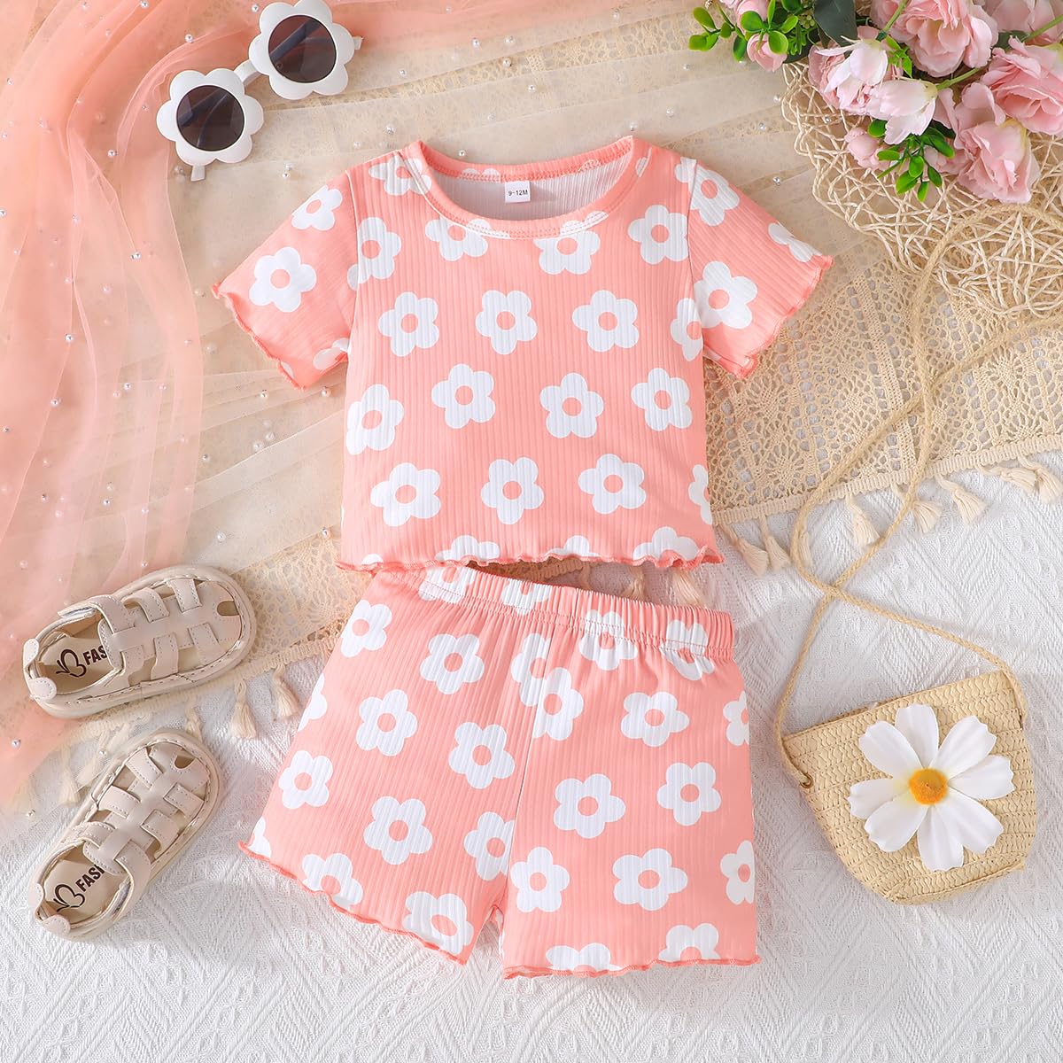 Kleinkind Baby Mädchen Kleidung Set Rüschen gerippt Kurzarm / Langarm T-Shirt Tops + Shorts Hosen 4 Stück Sommer Herbst Süße Outfits Set