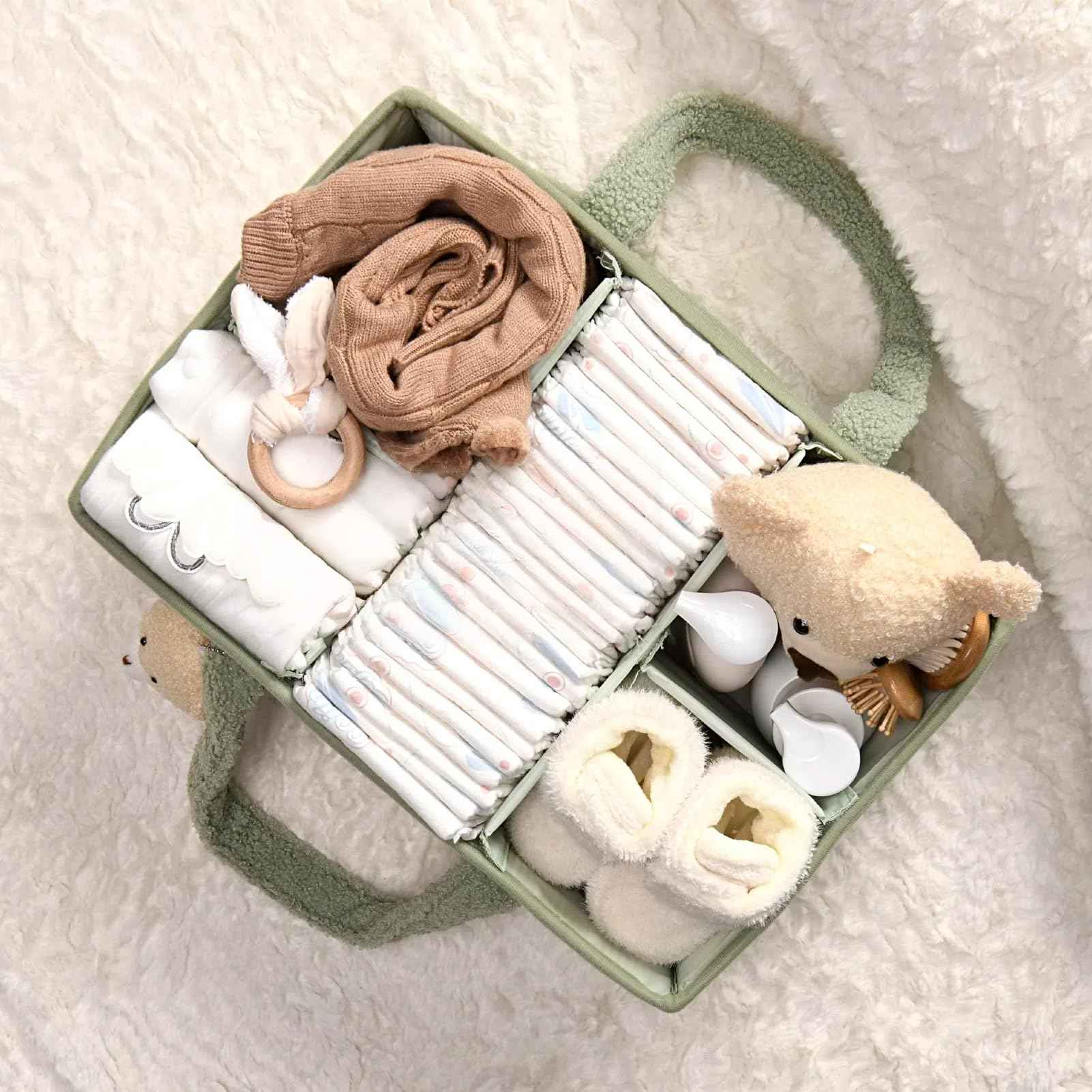 Changing Bag Organiser, Changing Table Organiser, Portable Changing Basket with Removable Compartments, Plush Changing Organiser with Handles, Baby Storage Basket for Changing and Baby Things