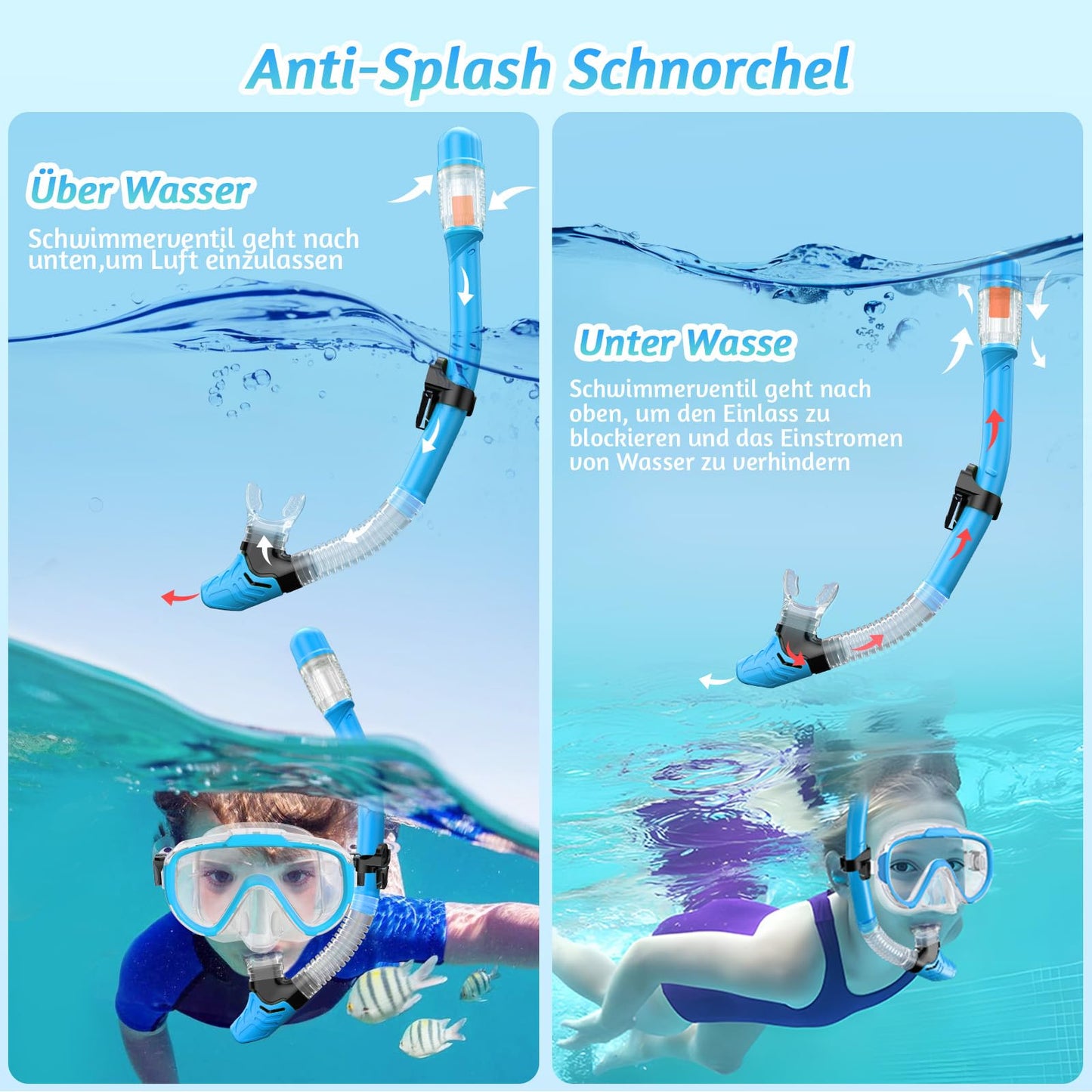 Lealinga Children's Snorkel Set with 180° Anti-Fog Panoramic Wide View Diving Mask and Dry Snorkel Snorkelling Set, Anti-Leak Snorkel Mask with Nose Protection for Boys and Girls