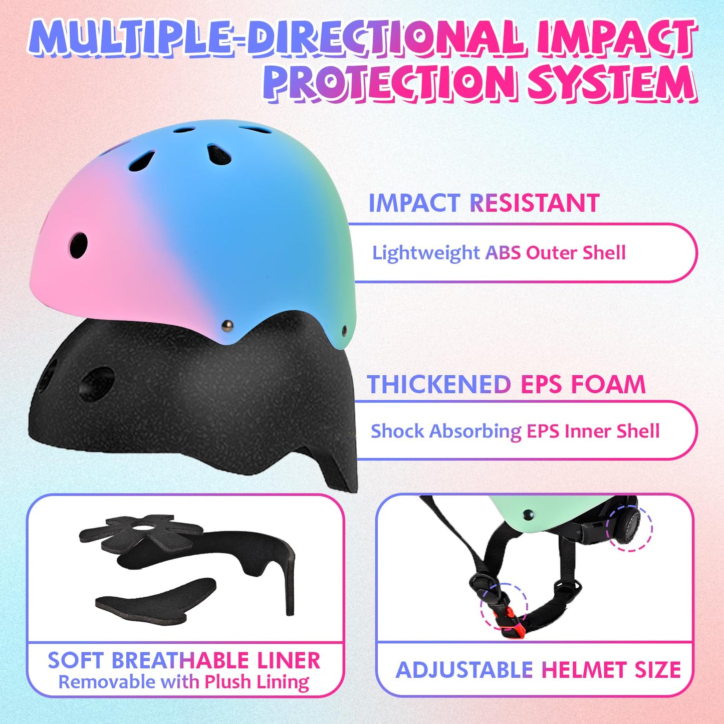 LOKJIJI Verstellbarer Kinder Fahrradhelm Skaterhelm für Mädchen Jungen Kinder Jugend, Farbe Farbverlauf Kinder Schutzhelme für Multi-Sportarten Fahrrad Skateboard Skaten