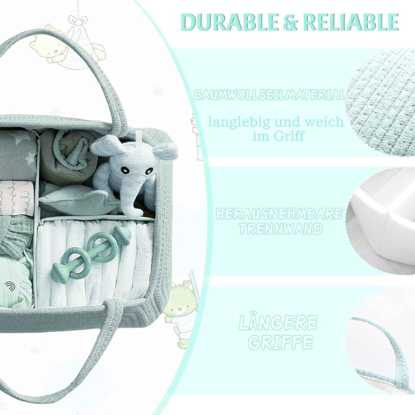 Changing Bag Organiser, Baby Nappy Caddy Basket, Portable Storage Basket for Changing Table, Changing Basket Organiser with Compartments & Handles, Cotton Rope Basket for Baby Shower Gifts (White