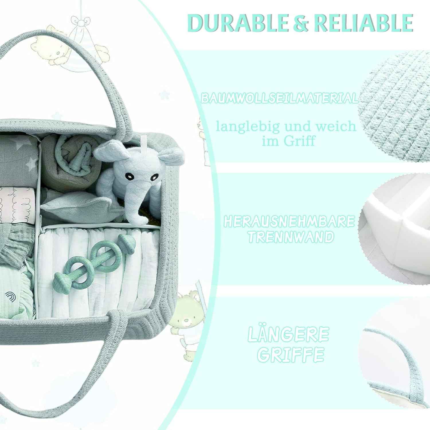 Changing Bag Organiser, Baby Nappy Caddy Basket, Portable Storage Basket for Changing Table, Changing Basket Organiser with Compartments & Handles, Cotton Rope Basket for Baby Shower Gifts (White