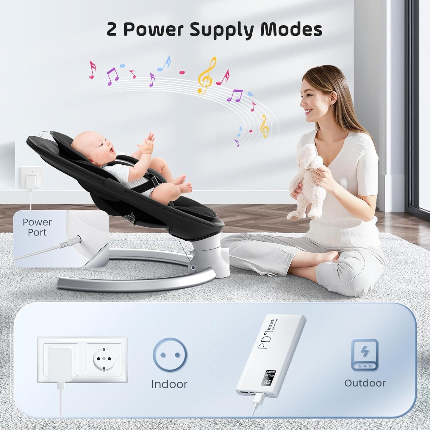 BlundiQue Babywippe Elektrisch mit Mobile App Steuerung und Fernbedienung,Elektrischer Babyschaukel Stuhl mit 5-Schwing Amplituden 3-Stufen Timer Elektrischer Prahler für Baby (schwarz)