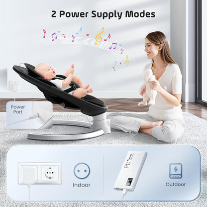 BlundiQue Babywippe Elektrisch mit Mobile App Steuerung und Fernbedienung,Elektrischer Babyschaukel Stuhl mit 5-Schwing Amplituden 3-Stufen Timer Elektrischer Prahler für Baby (schwarz)