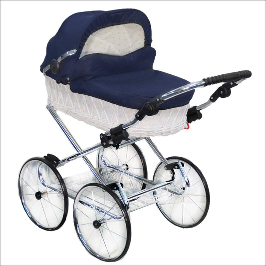 EICHHORN Kinderwagen Wicker Basket Doll's Pram Retro Toy Classic (Basket Natural, Fabric Navy Blue)