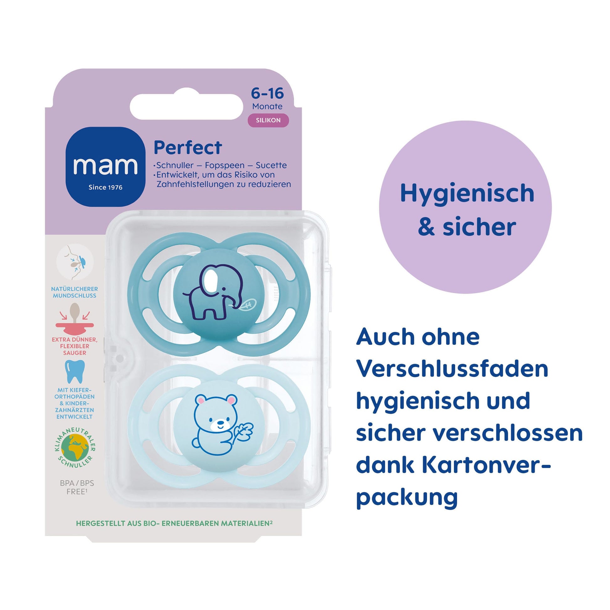 MAM Perfect Start Schnuller im 2er-Set, speziell für Neugeborene, zahnfreundlicher Baby Schnuller aus nachhaltigen & bio-erneuerbaren Materialien, mit Schnullerbox, 0-2 Monate, Biene/Schnecke - Meloni2