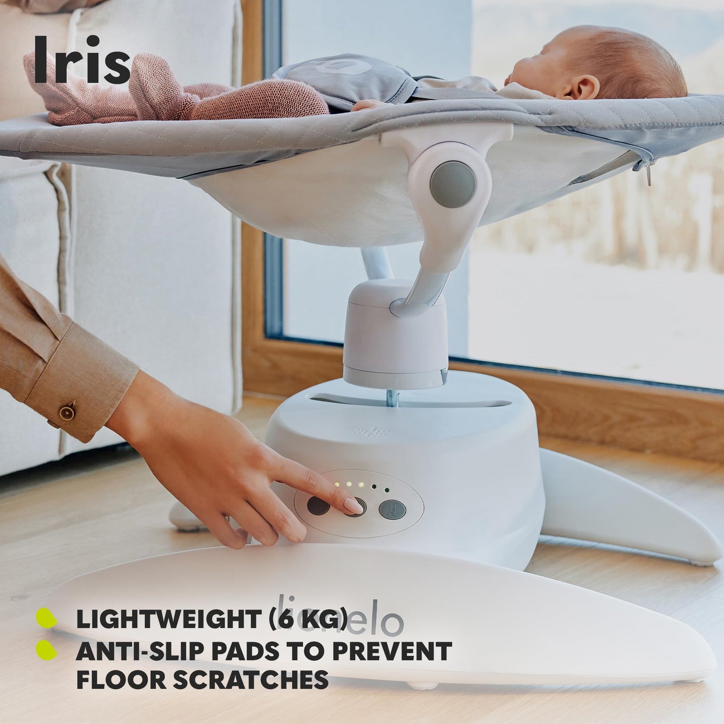 LIONELO Iris Electric Baby Rocker 360° Rotatable for Babies up to 9 kg Adjustable Backrest, 5 Weighing Speeds, Non-Slip Safety Belt, 12 Melodies Hanger with Toy Remote Control