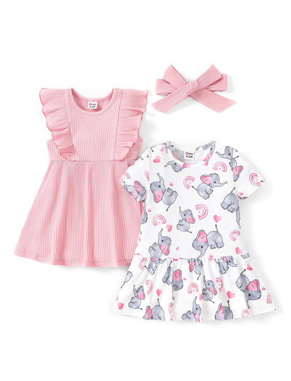 PATPAT Baby Mädchen Kleid Set, Packung mit 2 Süßes Sommerkleider Ärmellos Rüschen Prinzessin Kleider Kurze Ärmel, Kleinkind A-Linien-Kleid für Hochzeit Geburtstag Party Bankett Urlaub, 3-24 Monate