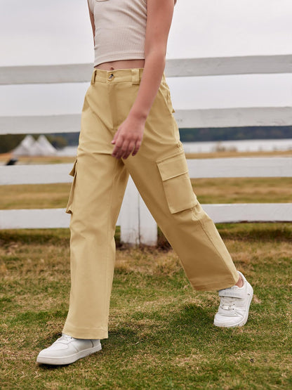 Haloumoning Mädchen Cargohose Baumwoll Y2K Baggy Cargo Hose Kinder Straight Leg Hohe Taille Jogginghose Casual Outdoorhose mit Elastische Taille und Taschen