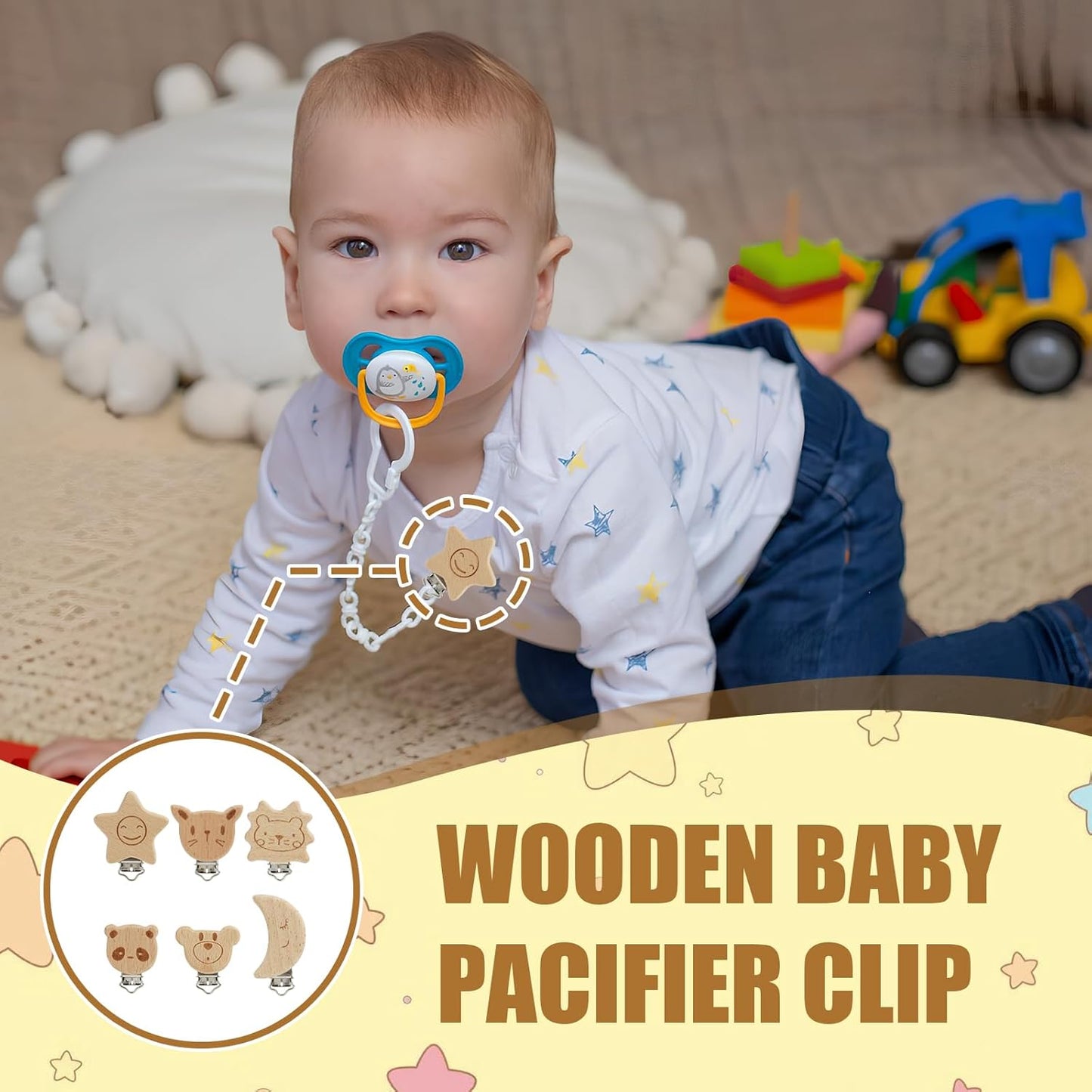 LEIBOCHAO 6 Stück Schnullerkette Holz Tierdesign mit Naturholz & Metall, Schnullerclip Holz für Schnullerkette, Babywagen, Kleidung – DIY Bastelset, Umweltfreundliches Babygeschenk (3-5 cm)