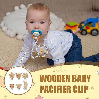 LEIBOCHAO 6 Stück Schnullerkette Holz Tierdesign mit Naturholz & Metall, Schnullerclip Holz für Schnullerkette, Babywagen, Kleidung – DIY Bastelset, Umweltfreundliches Babygeschenk (3-5 cm)