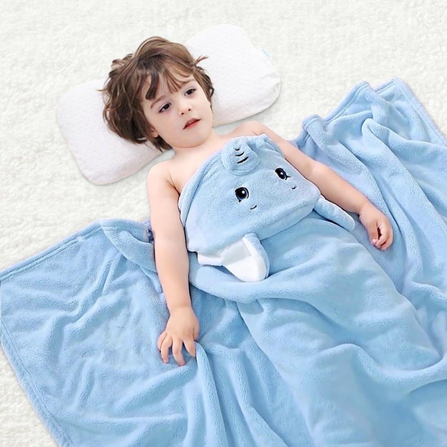 decalsweet Bath Towels for Kids, Large Softness and Absorbent Hooded Baby Bath Towel, Coral Fleece Children's Towel for Bathrobe Boys and Girls, 70 x 140 cm (Blue Elephant) 