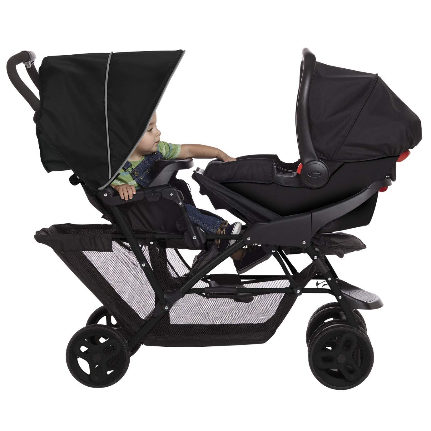 Graco Stadium Duo Geschwisterwagen, Zwillingswagen, 0-15 kg, auch mit Babyschale nutzbar, verstellbare Rückenlehnen, zusammenklappbar, freistehend, großer Staukorb, inkl. Snacktabletts, Titanium