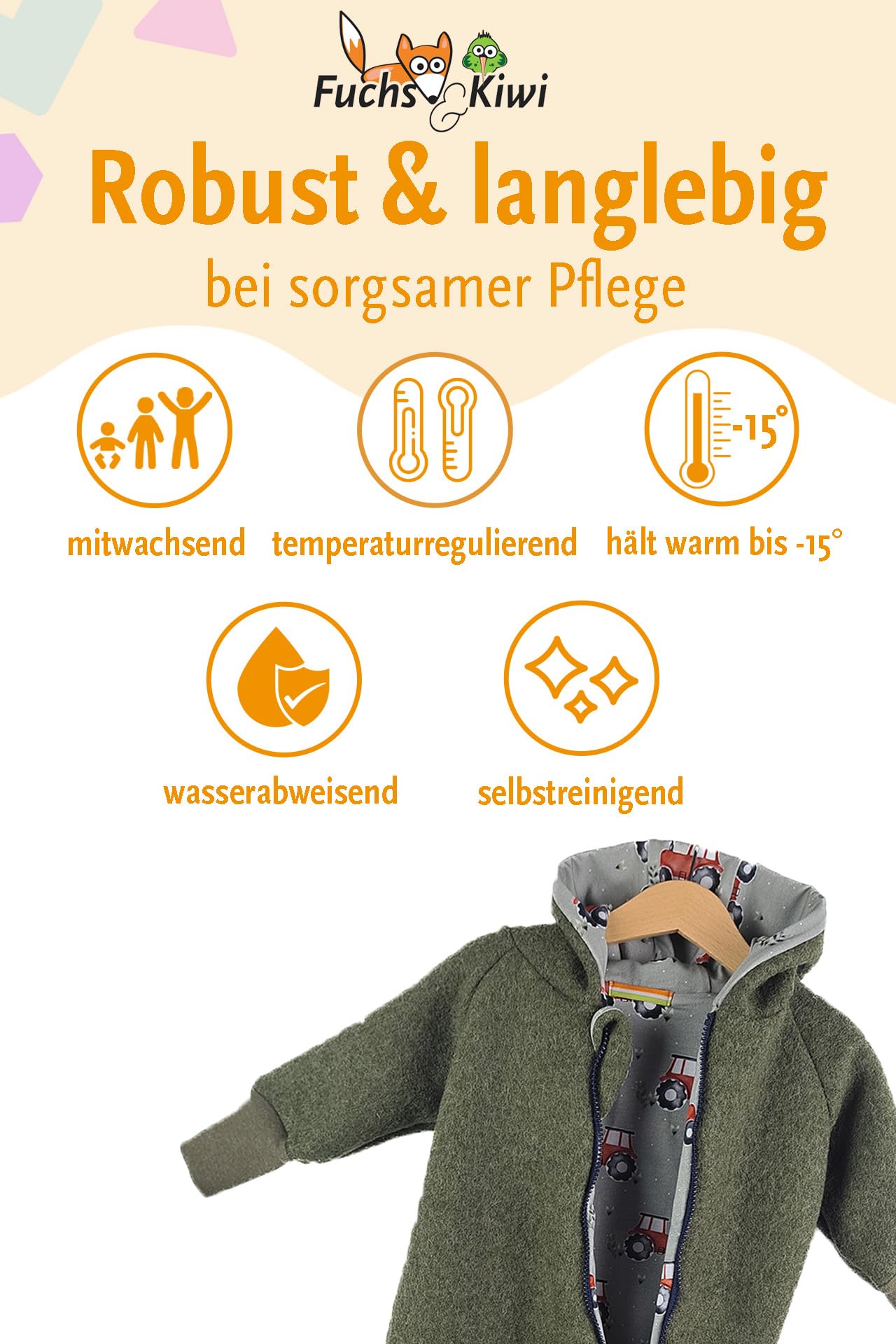 Fuchs & Kiwi Walkoverall Baby Boys - Natural Virgin Wool & Jersey Lining - Oeko-Tex, Skin-Friendly - Handmade in Berlin - Wool Walk Overall Baby & Toddler - Winter & Autumn