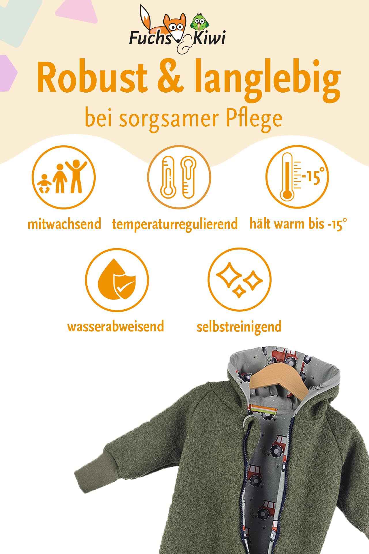 Fuchs & Kiwi Walkoverall Baby Boys - Natural Virgin Wool & Jersey Lining - Oeko-Tex, Skin-Friendly - Handmade in Berlin - Wool Walk Overall Baby & Toddler - Winter & Autumn