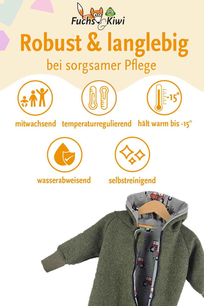 Fuchs & Kiwi Walkoverall Baby Boys - Natural Virgin Wool & Jersey Lining - Oeko-Tex, Skin-Friendly - Handmade in Berlin - Wool Walk Overall Baby & Toddler - Winter & Autumn
