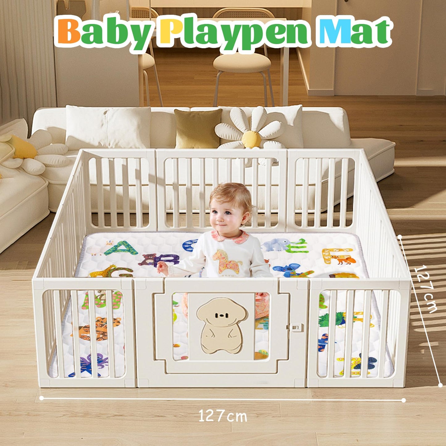 Funsland crawling carpet for babies, non-slip baby play mat, non-toxic 127x127cm, cotton animal crawling mat for babies, foldable with a height ruler, children's play mat for indoors/outdoors/fences 