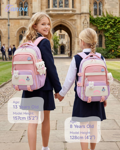 Tanou Schultasche Mädchen, Wasserabweisender Nylon Kinder Schulranzen, 20L | Leichter Schulrucksack für Mädchen der 2. bis 5. Klasse, Rucksack Schule mit Anhänger, Blau