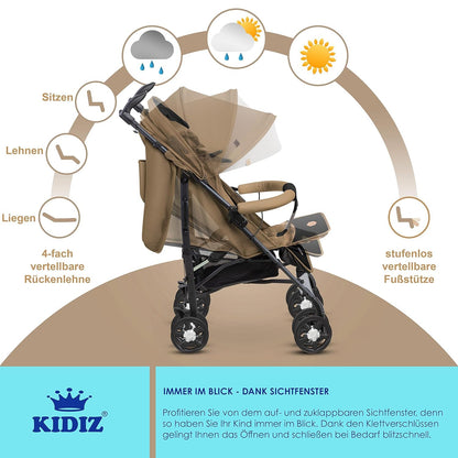 KIDIZ® City-Pro Pushchair Folding Pushchair Pushchair Sports Pushchair Foldable 360° 6 Inch Wheels Includes Mosquito Net, Footmuff and Rain Cover Foldable Sleep Function Blue 