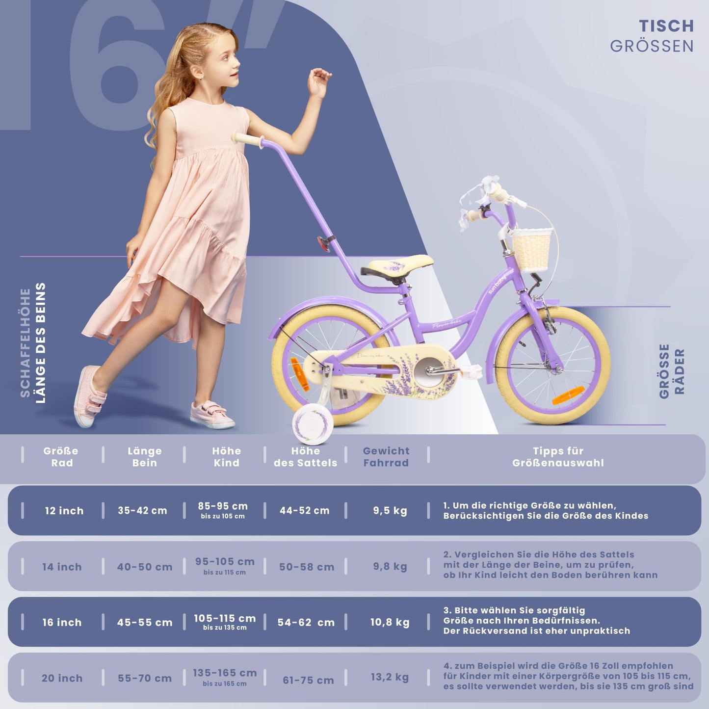 sun baby Mädchenfahrrad Flower Bike Radgröße zur Auswahl, mit Abnehmbarer Schubstange, Kinderfahrrad für Mädchen von 2 bis 6 Jahre