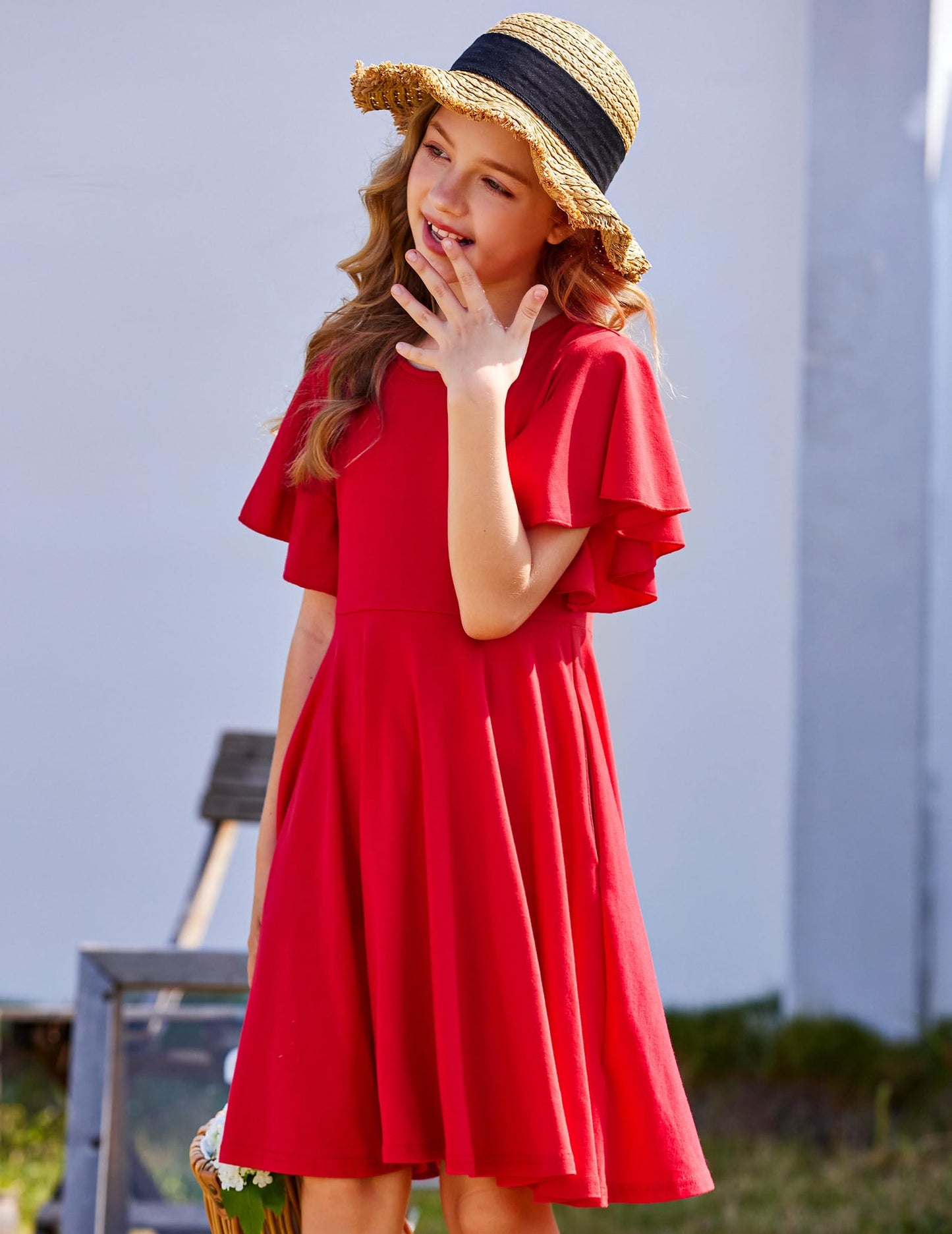 Arshiner Kleider für Mädchen Schmetterlingsärmel Kleid Kinder A-Line Swing Kleid Rundhals Sommerkleid Baumwollekleid Festlich Partykleid Hochzeit Lässige Kinderkleidung mit Tasche