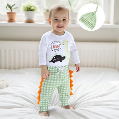 Hallo Ich bin neu hier Neugeborene Baby Jungen Kleidung Set Dinosaurier Print Langarm Bodysuit und Hosen Baumwolle Baby Kleidung Set Herbst Winter Kleidung Sets für Baby Jungen Outfits