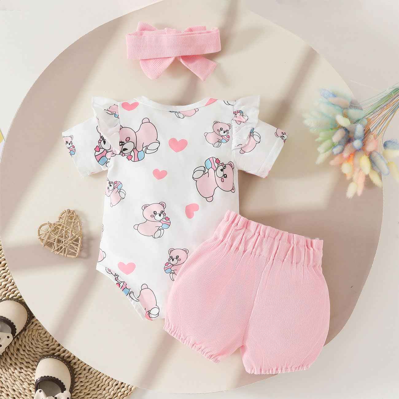 Baby Mädchen Kleidung Sets, Kurze Ärmel Snap Knopf Schritt Rundhalsausschnitt Karikatur Bär Love Herz Dehnen Shorts Schleifenknoten Stirnband Sommerkleidungs-Sets Klamotten, Rosa 0-18 Monate