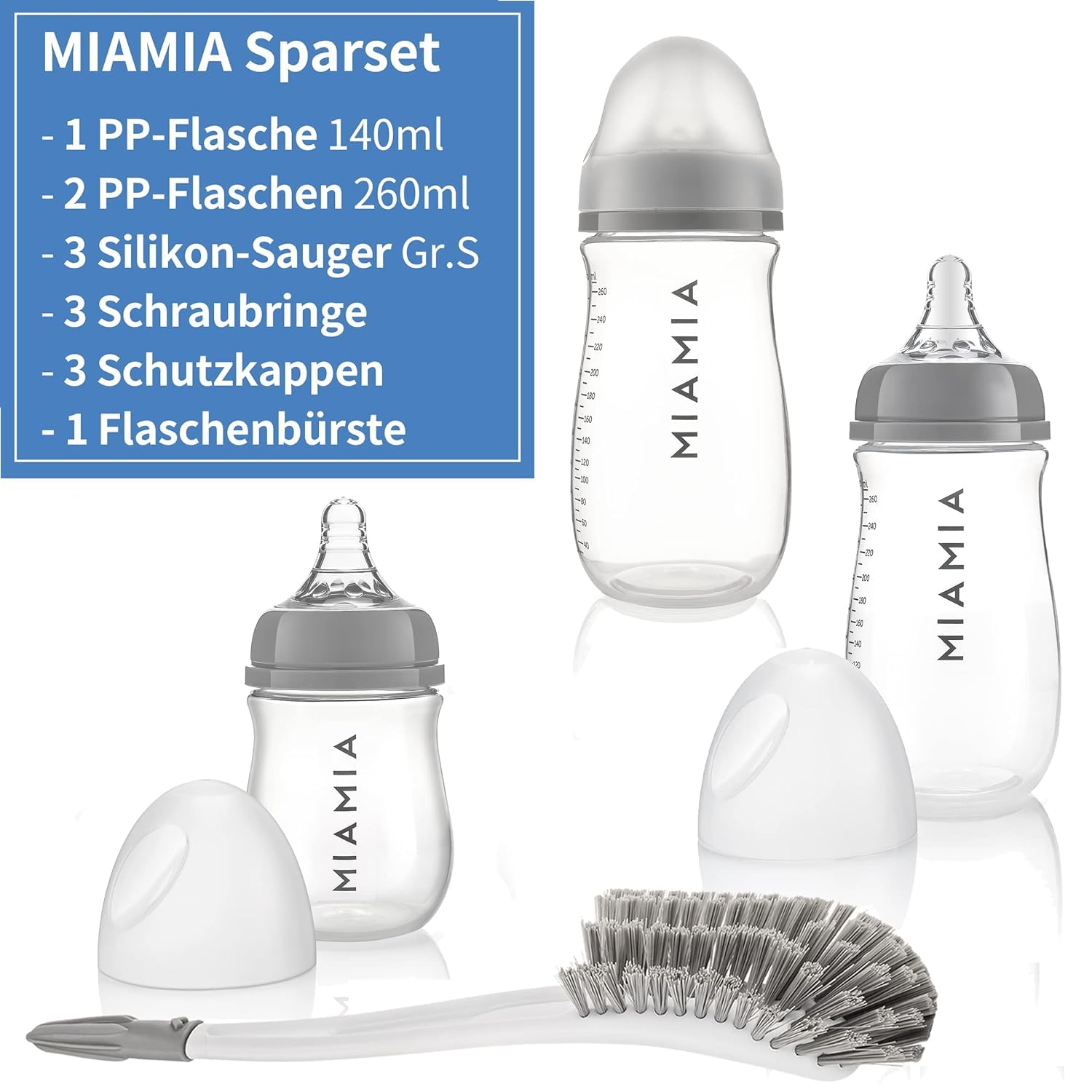 MiaMia 13-tlg. Babyflaschen Set – 6 Flaschen mit Silikon-Trinksaugern | Inkl. Milchpulverportionierer, Bürste & Abtropfständer | BPA-frei, Anti-Kolik & spülmaschinenfest | 2x 140 ml & 4x 260 ml - Meloni2