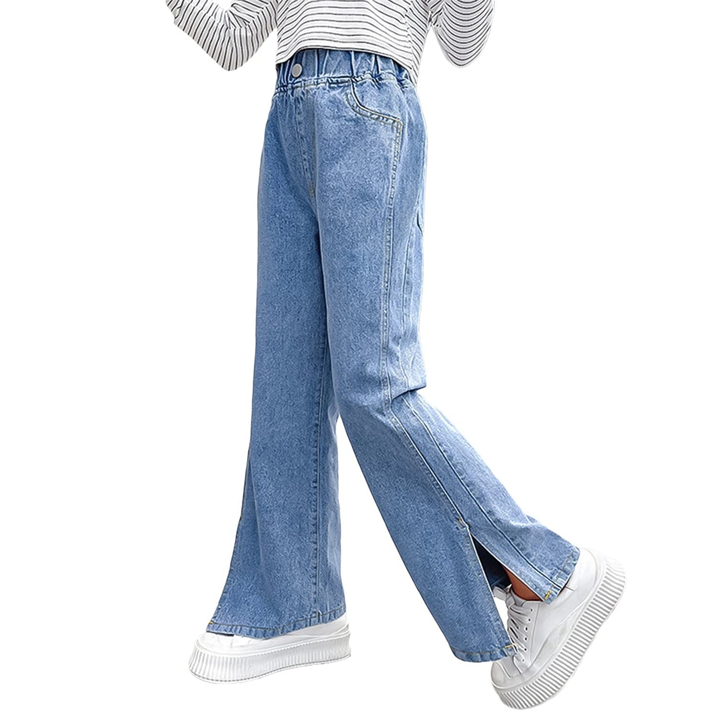 Rolanko Girls' Jeans Trousers with Hole, Denim Blue Jeans, Vintage Trousers With Wide Leg for Children