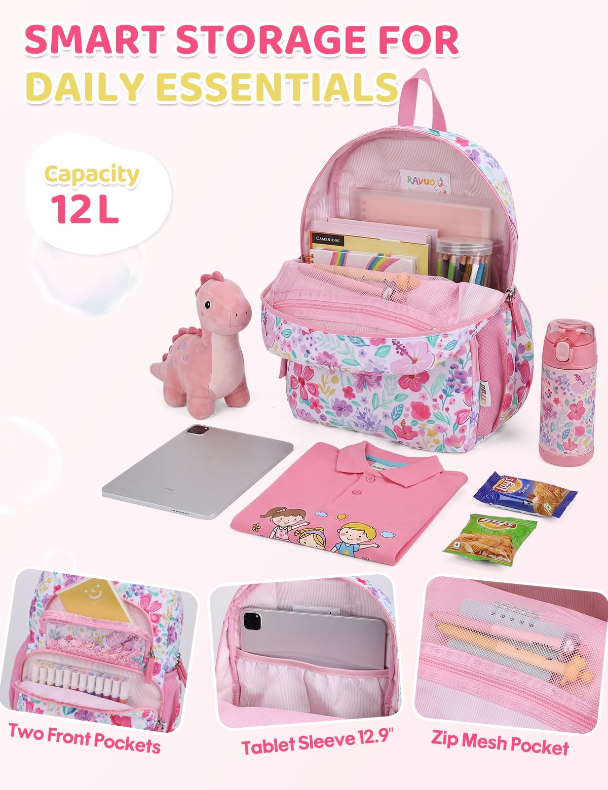 Kinderrucksack für Mädchen 5–8 Jahre, 12L Leichter & Wasserabweisender mit Brustgurt, Perfekt für Vorschule & Grundschule，Regenbogen