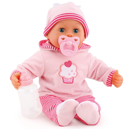 Babypuppe First Words mit Schlafaugen, spricht 24 Babylaute, mit Schnuller und Flasche, 38 cm, Rosa/Streifen