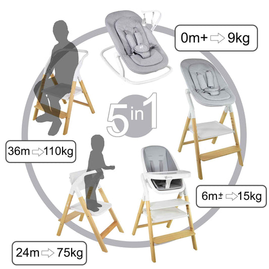 Baby Hochstuhl Set 5in1: multifunktional Alaia, Lernturm, Kinderstuhl - ab Geburt 0m+ - Faltbar und ergonomisch aus Buchenholz – Abnehmbare Tischplatte und Sicherheitsgurt