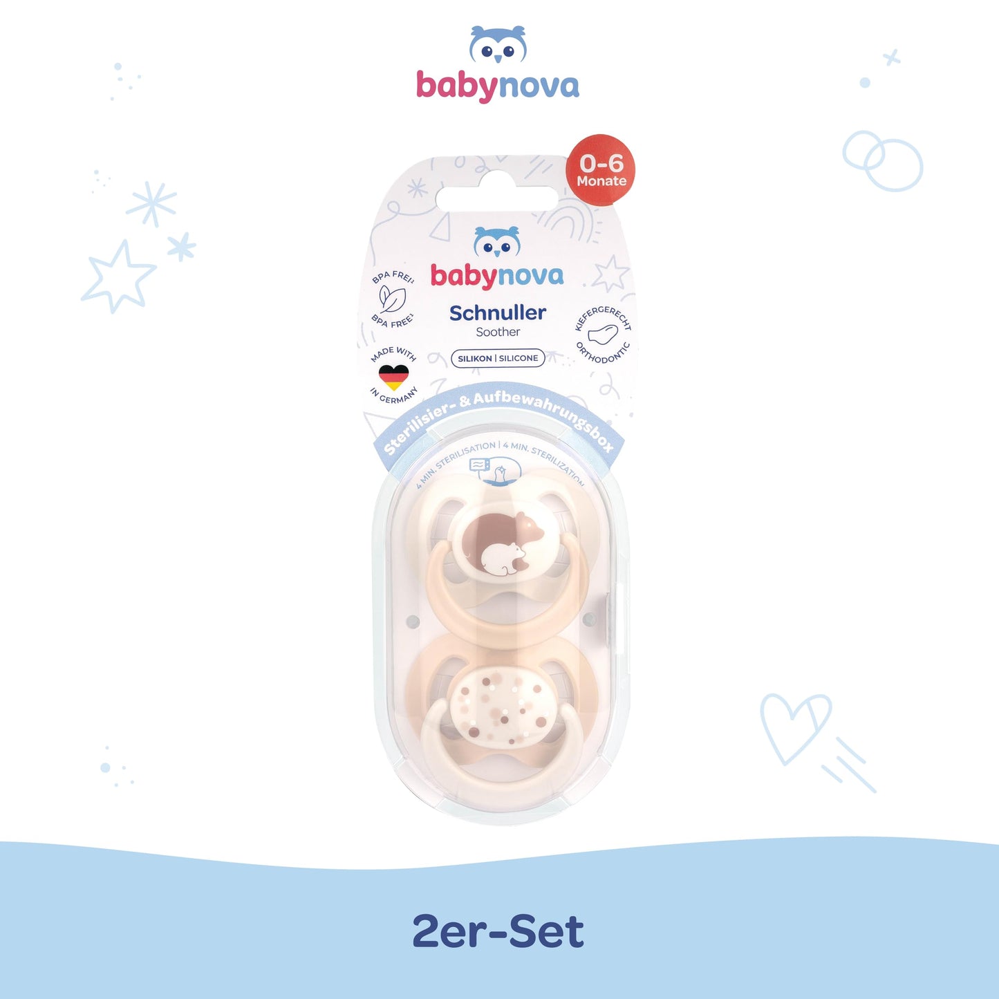 babynova Silikon Schnuller 2er-Set mit Sterilisationsbox - Schnuller Größe 1, 0-6 Monate - kiefergerechter Nuckel – BPA-frei – Made in Germany - Elefanten