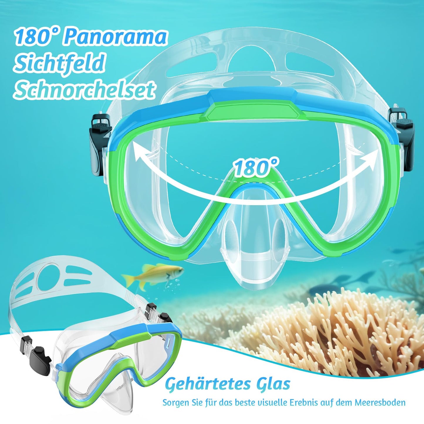 Lealinga Children's Snorkel Set with 180° Anti-Fog Panoramic Wide View Diving Mask and Dry Snorkel Snorkelling Set, Anti-Leak Snorkel Mask with Nose Protection for Boys and Girls