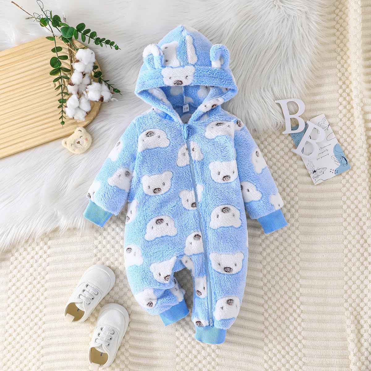 Yanmucy Newborn Baby Winter Romper with Hood Cartoon Bear Baby Snowsuit Warm Fleece Zip Baby Girl Boy Jumpsuit 0-18 Months