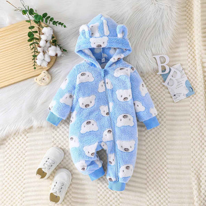 Yanmucy Newborn Baby Winter Romper with Hood Cartoon Bear Baby Snowsuit Warm Fleece Zip Baby Girl Boy Jumpsuit 0-18 Months