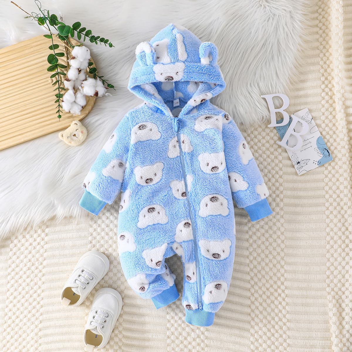 Yanmucy Newborn Baby Winter Romper with Hood Cartoon Bear Baby Snowsuit Warm Fleece Zip Baby Girl Boy Jumpsuit 0-18 Months
