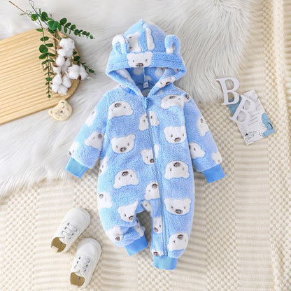 Yanmucy Newborn Baby Winter Romper with Hood Cartoon Bear Baby Snowsuit Warm Fleece Zip Baby Girl Boy Jumpsuit 0-18 Months