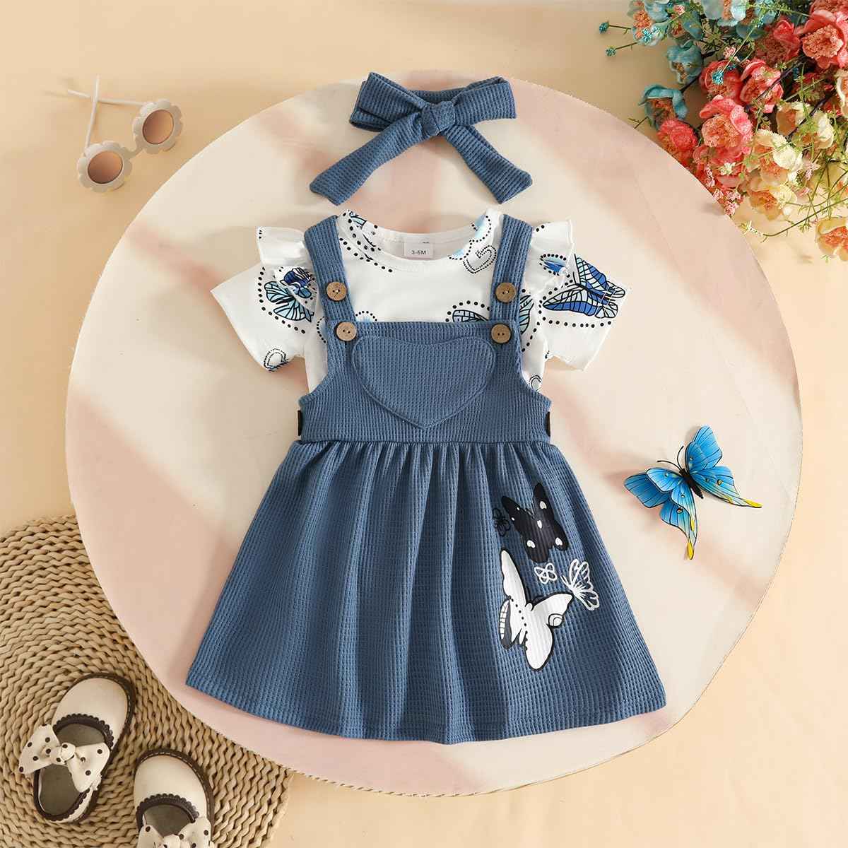 Neugeborenes Baby Mädchen Röcke Sets Kurzarm Rüschen Top + Bedrucktes Overalls Hosenträger Kleid + Stirnband Sommer Kleidung Outfits Set