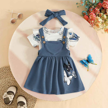 Neugeborenes Baby Mädchen Röcke Sets Kurzarm Rüschen Top + Bedrucktes Overalls Hosenträger Kleid + Stirnband Sommer Kleidung Outfits Set