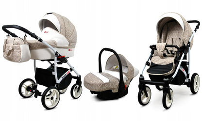 BabyLux® Bambimo Kinderwagen Set 3 in 1 - White Lux - incl. Babywanne, Buggy Sportsitz, Auto-Babyschale - Autositz - Kinderwagenset - Kombikinderwagen mit Wickeltasche, Regenschutz usw.