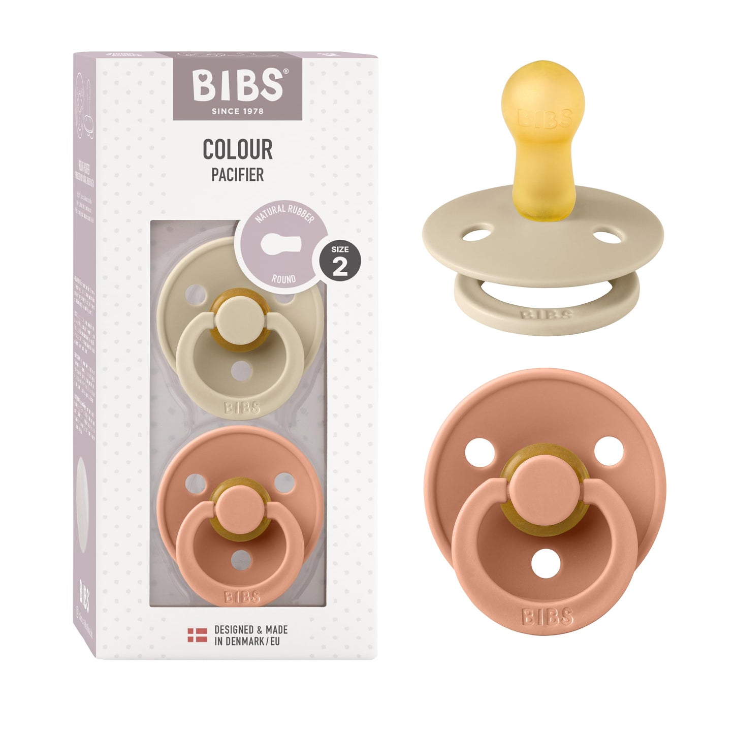 BIBS Colour Schnuller 2er-Pack, BPA-frei, Kirschform Nippel. Naturkautschuk/Latex, Hergestellt in Dänemark. Größe 2 | 6+ Monate | 2-Pack, Coral/Ruby