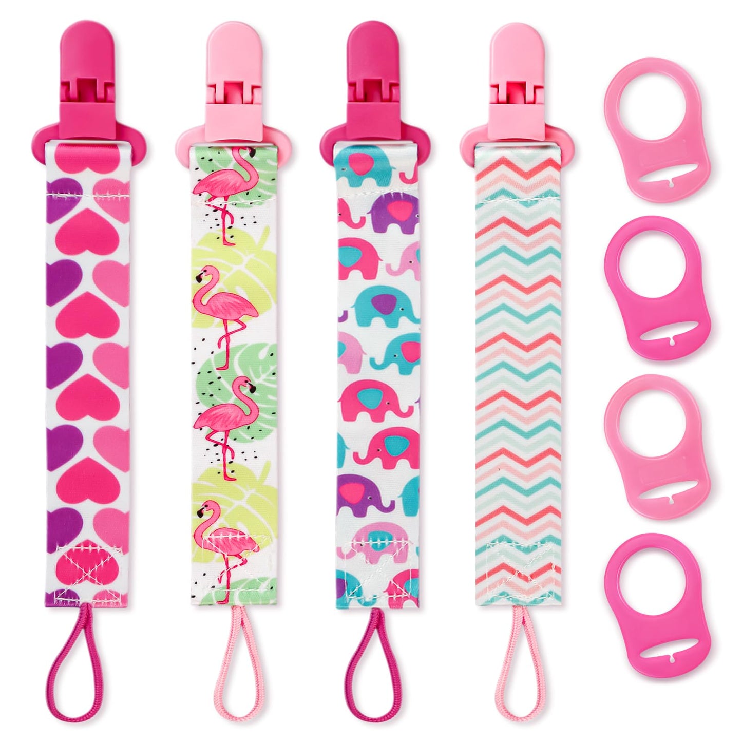 Suofuolef 4 Pack Schnullerkette Baby Mädchen, Baby Schnullerband Set mit Adaptern, Schnuller Clips für Neugeborenen Geburt & Taufe Geschenk, Rose