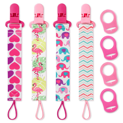Suofuolef 4 Pack Schnullerkette Baby Mädchen, Baby Schnullerband Set mit Adaptern, Schnuller Clips für Neugeborenen Geburt & Taufe Geschenk, Rose
