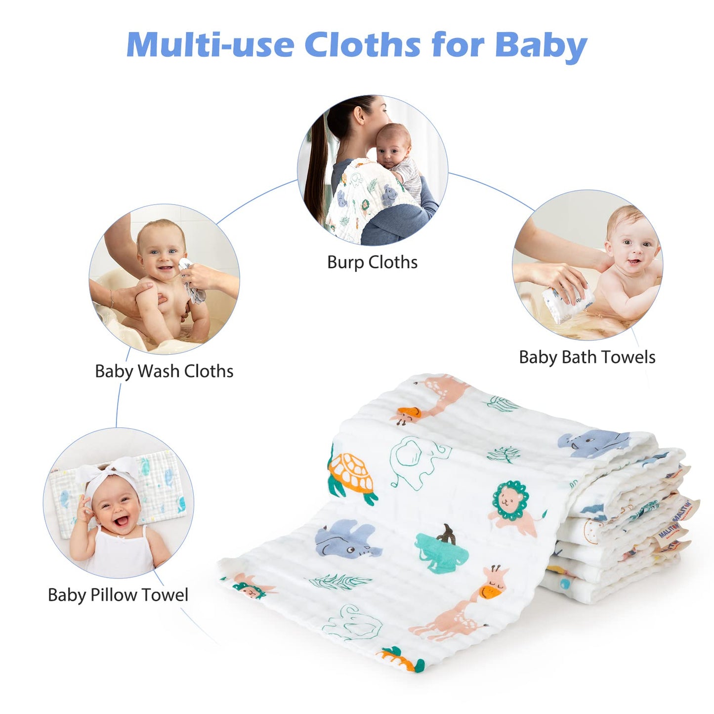 Maliton 6 Stück Baby Spucktücher für Jungen/Mädchen,aus 100% Baumwollem,weich, langlebig, luftdurchlässig und extrem saugstark (Zoo-Muster),50x25cm