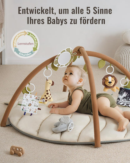 Blissful Diary Spielbogen Baby, Übergroßes Blattförmiges Spieldecke Baby Gym Activity Decke mit 6 Abnehmbare Spielzeuge, krabbeldecke Unverzichtbare Babygeschenke, Waldgrün