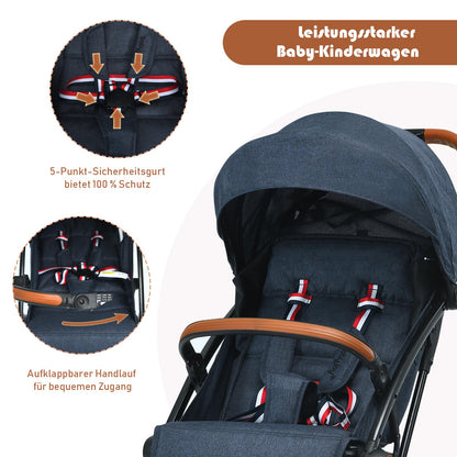 DREAMADE Children's Buggy Foldable with Reclining Function, Pram for Baby 0-3 Years, Foldable Buggy with 5-Point Safety Belt & Storage Basket & Brake (Grey)